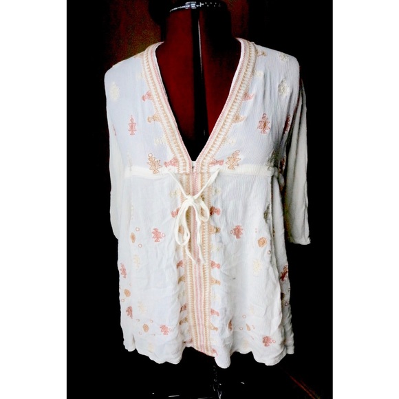 Bohemian 3/4 Sleeve Tie Neck Embroidery Blouse ! - Picture 2 of 6